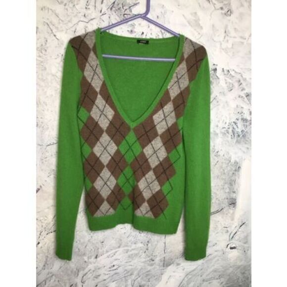 Vtg J. Crew Women's Medium Pullover Green‎ Argyle Pattern V-neck Wool Sweater - Picture 1 of 10
